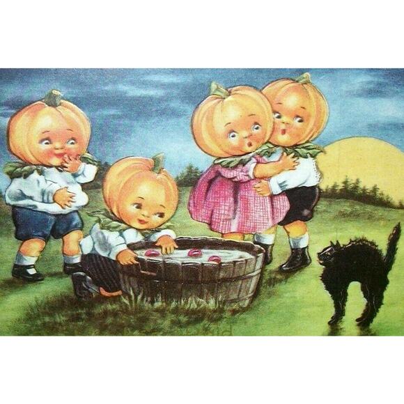 Halloween Ornament*vintage Imagery* Children*adorable 1903  Halloween Anthropomorphic Postcard Whitney Pixies Fantasy Goblin Head Children